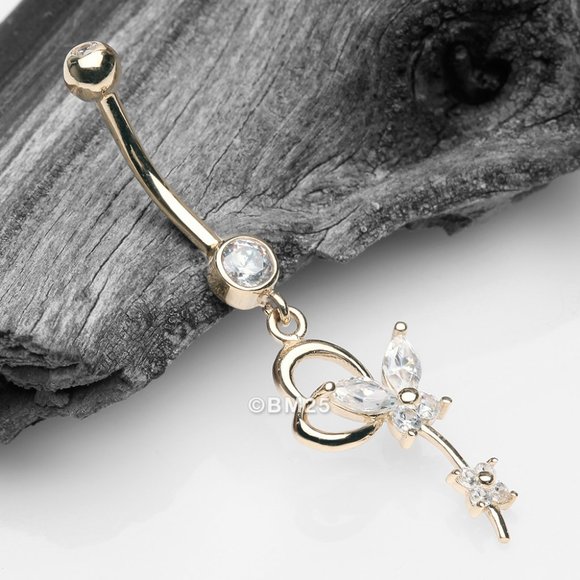 14 Karat Gold Heart Loop Butterfly Marquise Sparkle Belly Button Ring